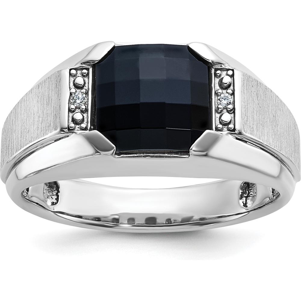 14K White Gold Men's Polished and Satin Onyx and Diamond Ring with 2 Round Diamonds - 0.02 Carats Total Diamond Weight by IBGoodman