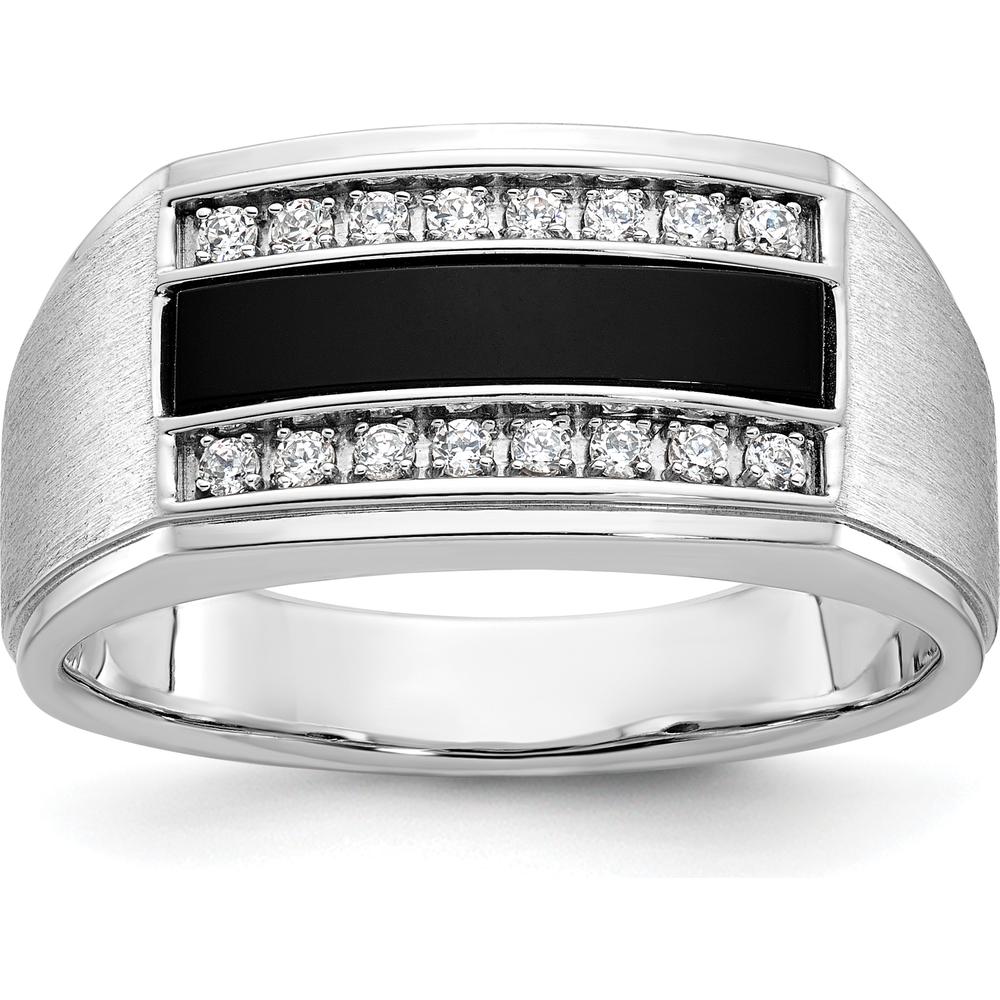 14K White Gold Men's Polished and Satin Ring with Black Gemstone and Diamond Accents by IBGoodman