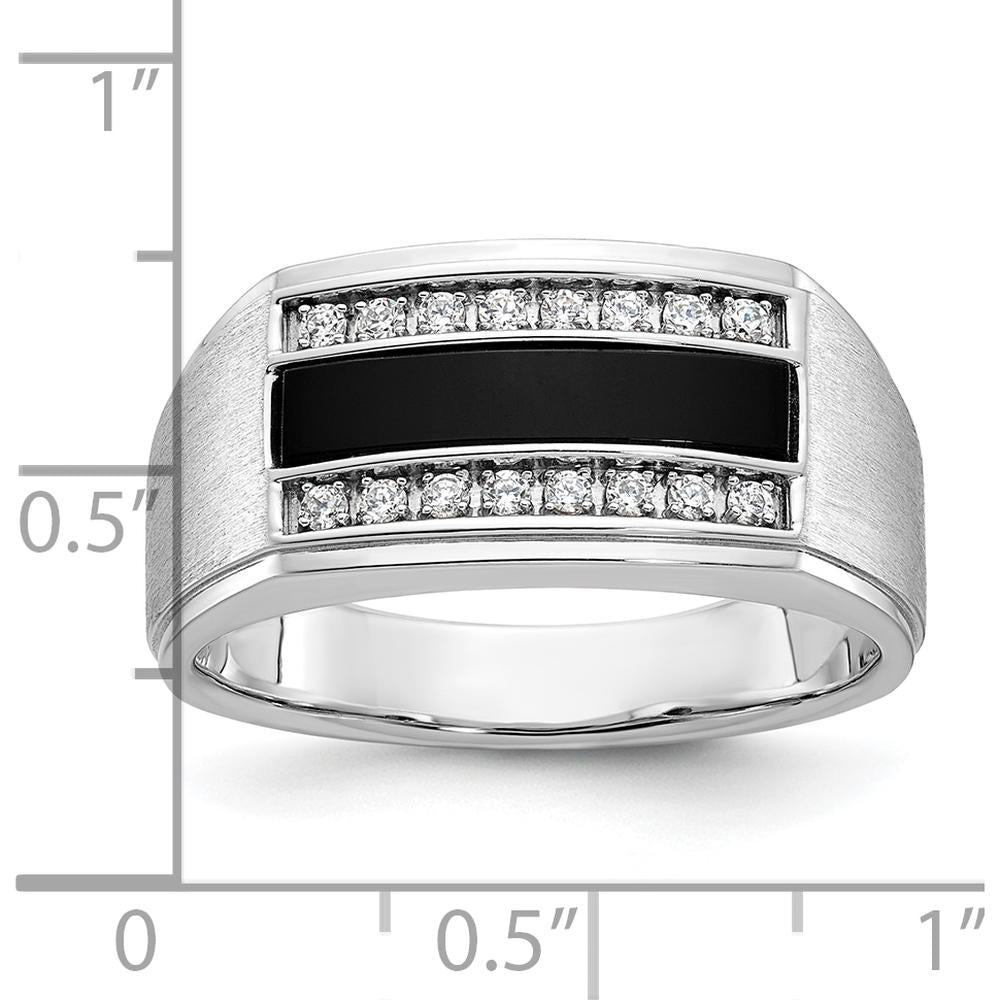 14K White Gold Men's Polished and Satin Ring with Black Gemstone and Diamond Accents by IBGoodman