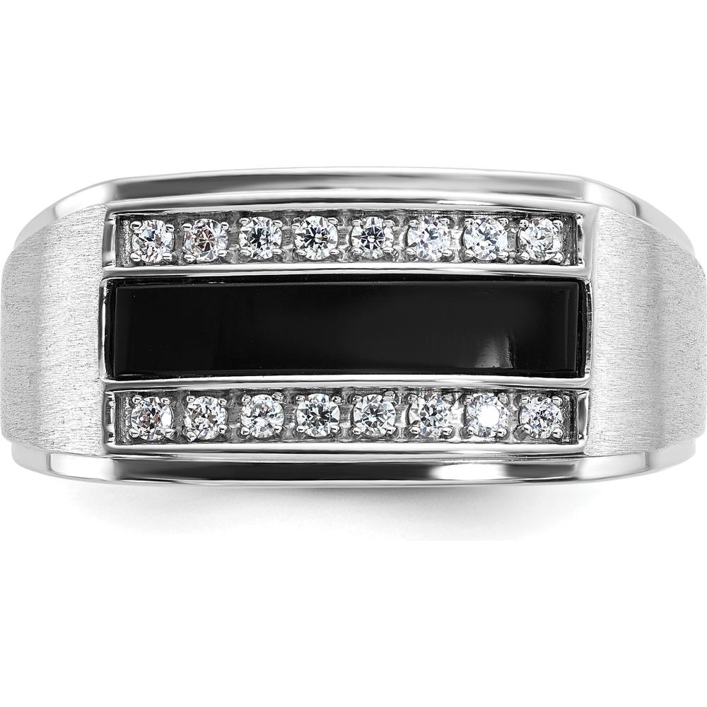 14K White Gold Men's Polished and Satin Ring with Black Gemstone and Diamond Accents by IBGoodman