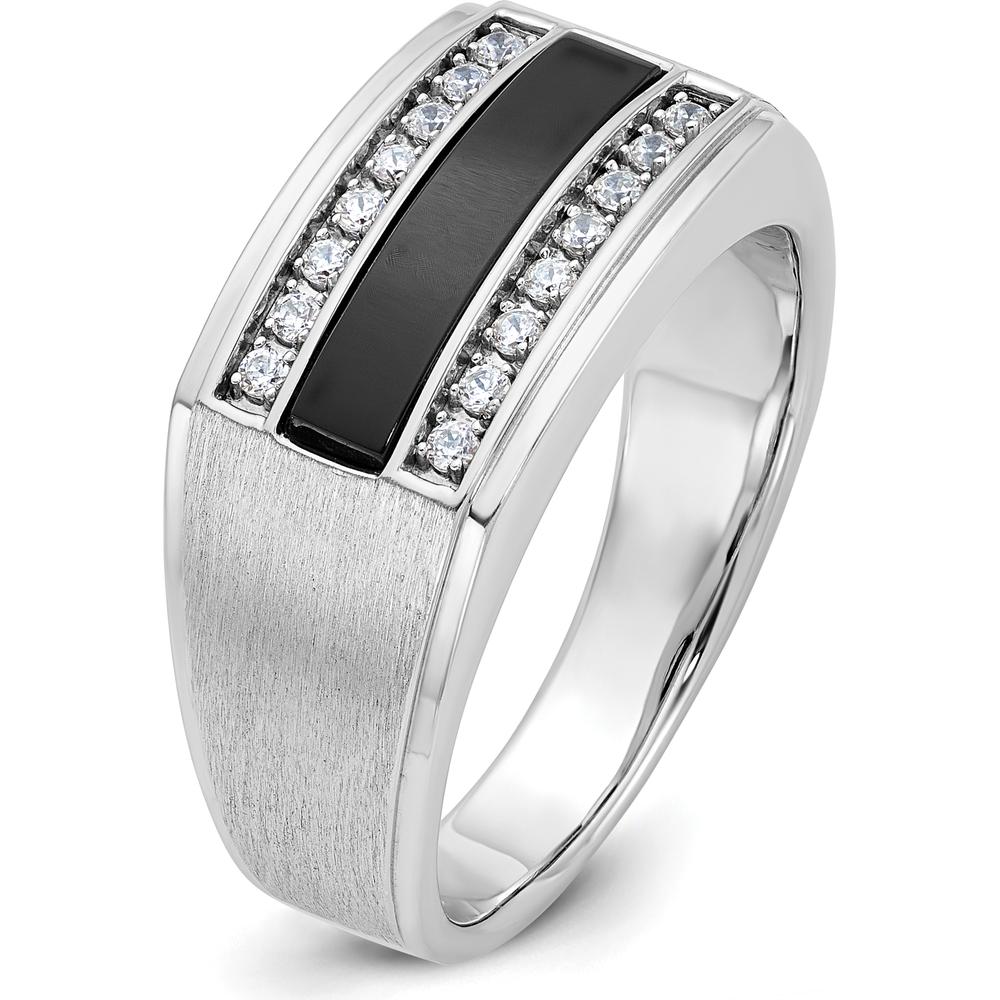 14K White Gold Men's Polished and Satin Ring with Black Gemstone and Diamond Accents by IBGoodman