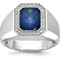 14K White Gold Men's Polished and Satin Sapphire and Diamond Ring with Milgrain Detail by IBGoodman