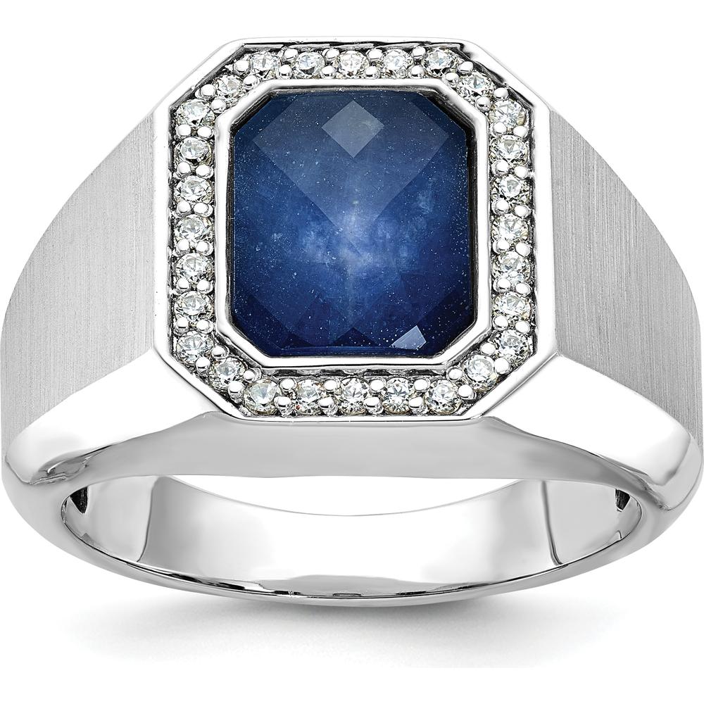 14K White Gold Men's Polished and Satin Sapphire and Diamond Ring with Milgrain Detail by IBGoodman
