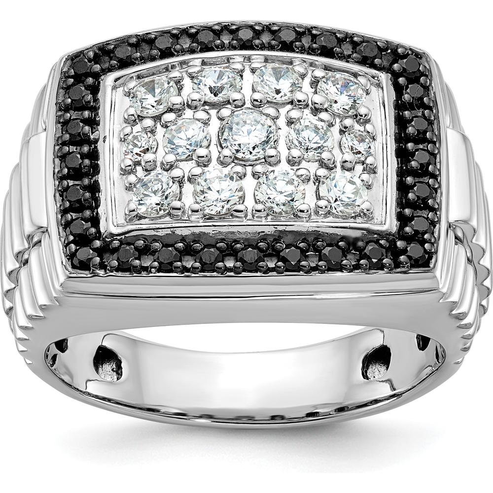 14K White Gold Men's Polished and Textured Cluster Ring with Black and White Diamonds by IBGoodman