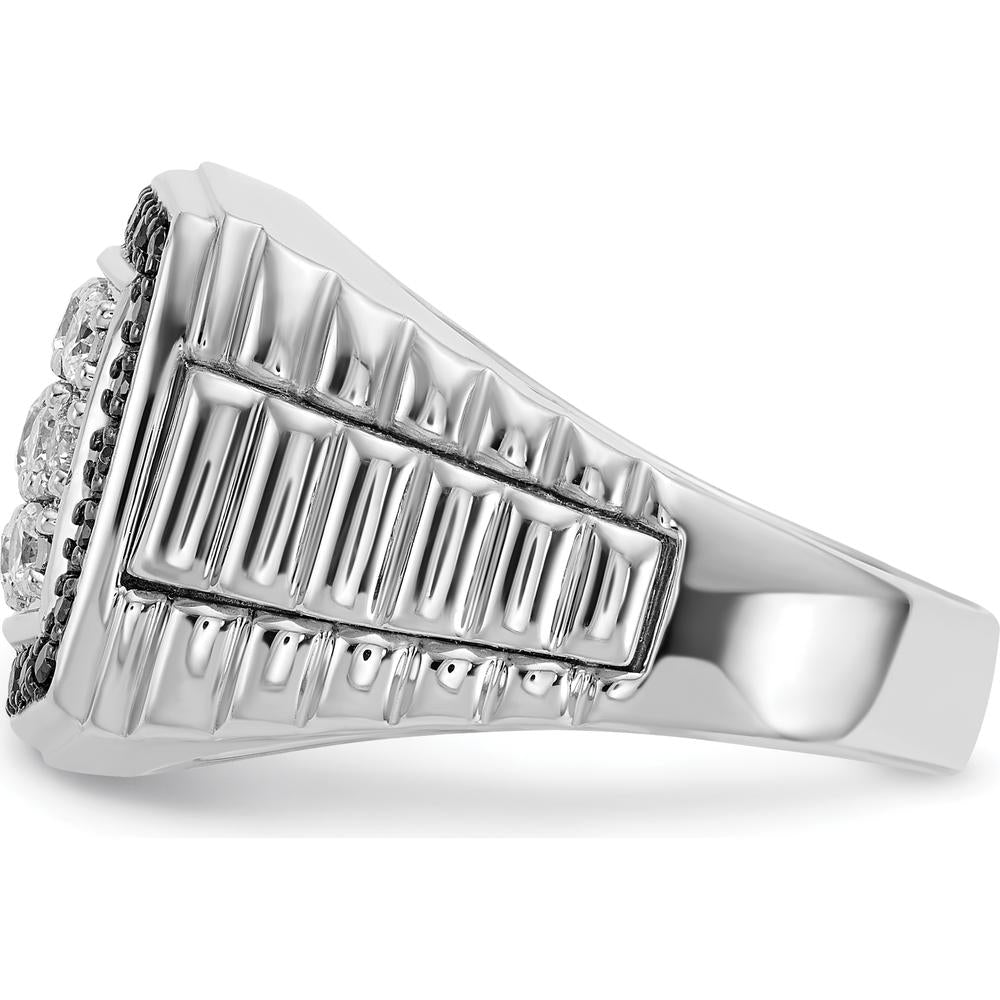 14K White Gold Men's Polished and Textured Cluster Ring with Black and White Diamonds by IBGoodman