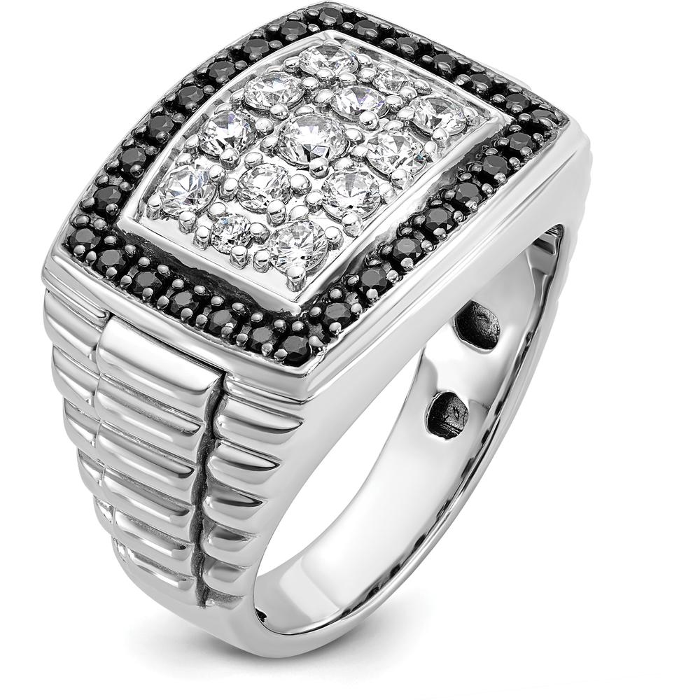 14K White Gold Men's Polished and Textured Cluster Ring with Black and White Diamonds by IBGoodman