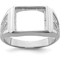 14K White Gold Men's Polished and Textured Masonic Ring Mounting for 12x10 mm Rectangular Gemstone by Monteluci Fine Jewelry