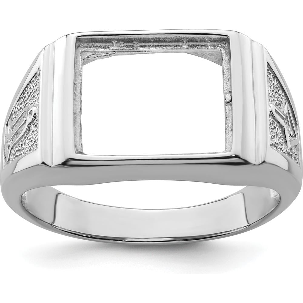 14K White Gold Men's Polished and Textured Masonic Ring Mounting for 12x10 mm Rectangular Gemstone by Monteluci Fine Jewelry