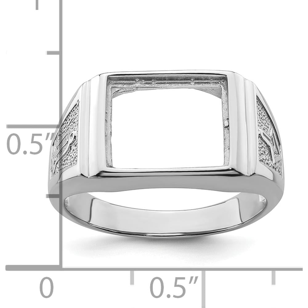 14K White Gold Men's Polished and Textured Masonic Ring Mounting for 12x10 mm Rectangular Gemstone by Monteluci Fine Jewelry