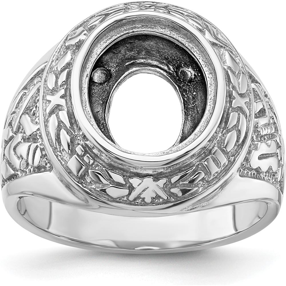 14K White Gold Men's Polished and Textured Masonic Ring Mounting for 12x10mm Oval Stone by IBGoodman