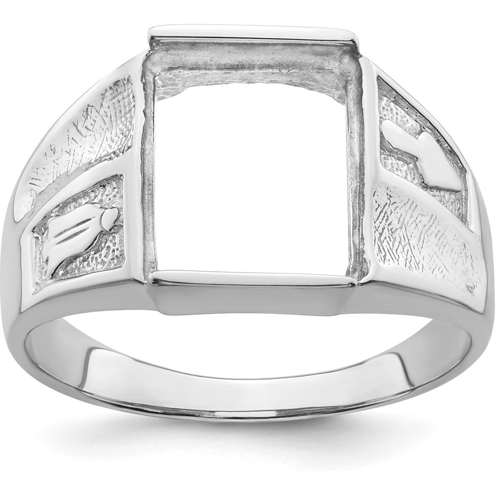 14K White Gold Men's Polished and Textured Masonic Ring Mounting for 12x10mm Rectangular Stone by Monteluci Fine Jewelry