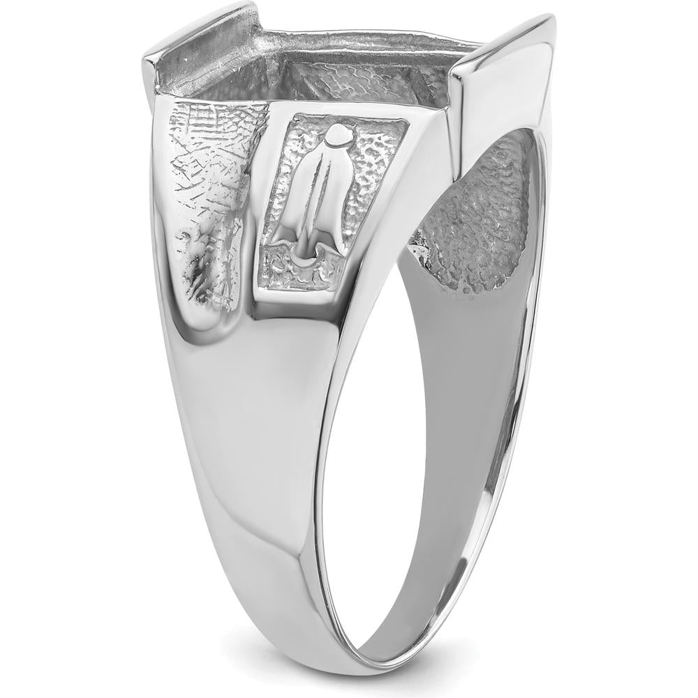 14K White Gold Men's Polished and Textured Masonic Ring Mounting for 12x10mm Rectangular Stone by Monteluci Fine Jewelry