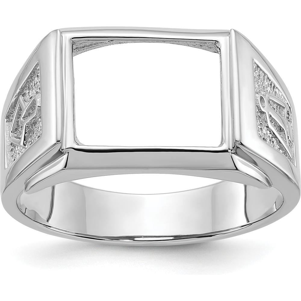 14K White Gold Men's Polished and Textured Masonic Ring Mounting for 12x10mm Rectangular Stone by IBGoodman