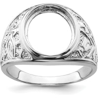 14K White Gold Men's Polished and Textured Masonic Ring Mounting for 14x12mm Oval Gemstone by Monteluci Fine Jewelry