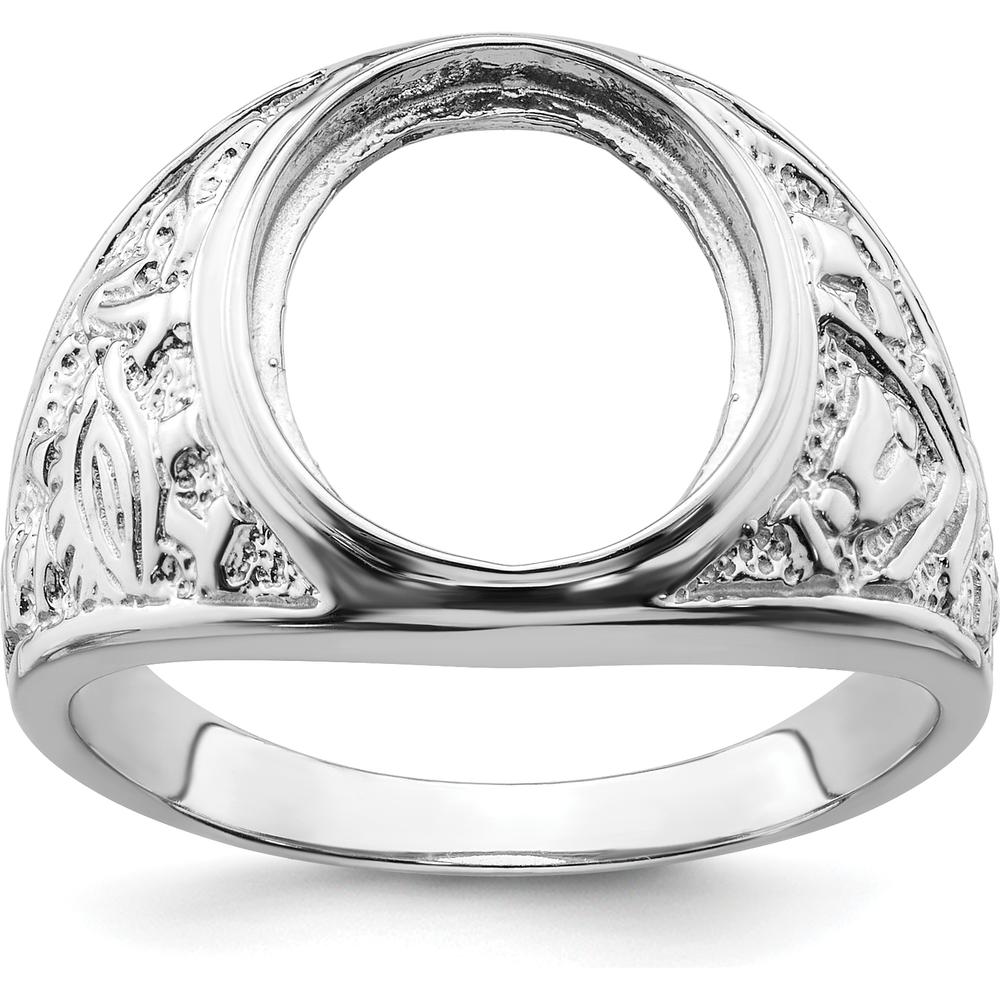 14K White Gold Men's Polished and Textured Masonic Ring Mounting for 14x12mm Oval Gemstone by Monteluci Fine Jewelry