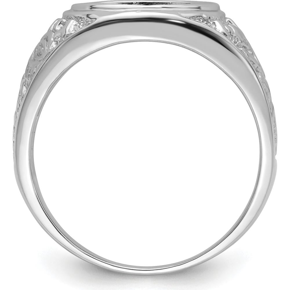 14K White Gold Men's Polished and Textured Masonic Ring Mounting for 14x12mm Oval Gemstone by Monteluci Fine Jewelry