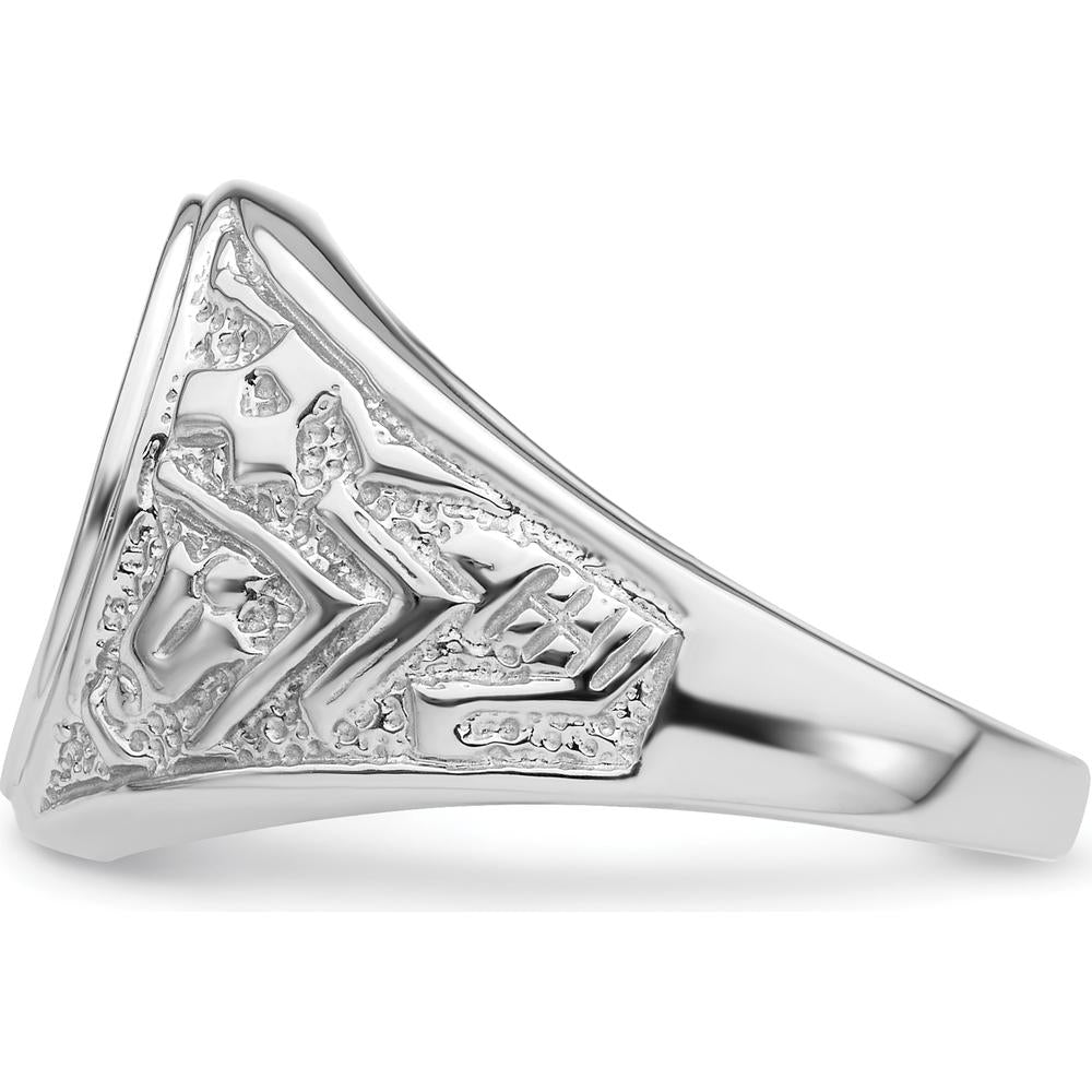 14K White Gold Men's Polished and Textured Masonic Ring Mounting for 14x12mm Oval Gemstone by Monteluci Fine Jewelry