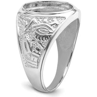 14K White Gold Men's Polished and Textured Masonic Ring Mounting for 14x12mm Oval Gemstone by Monteluci Fine Jewelry