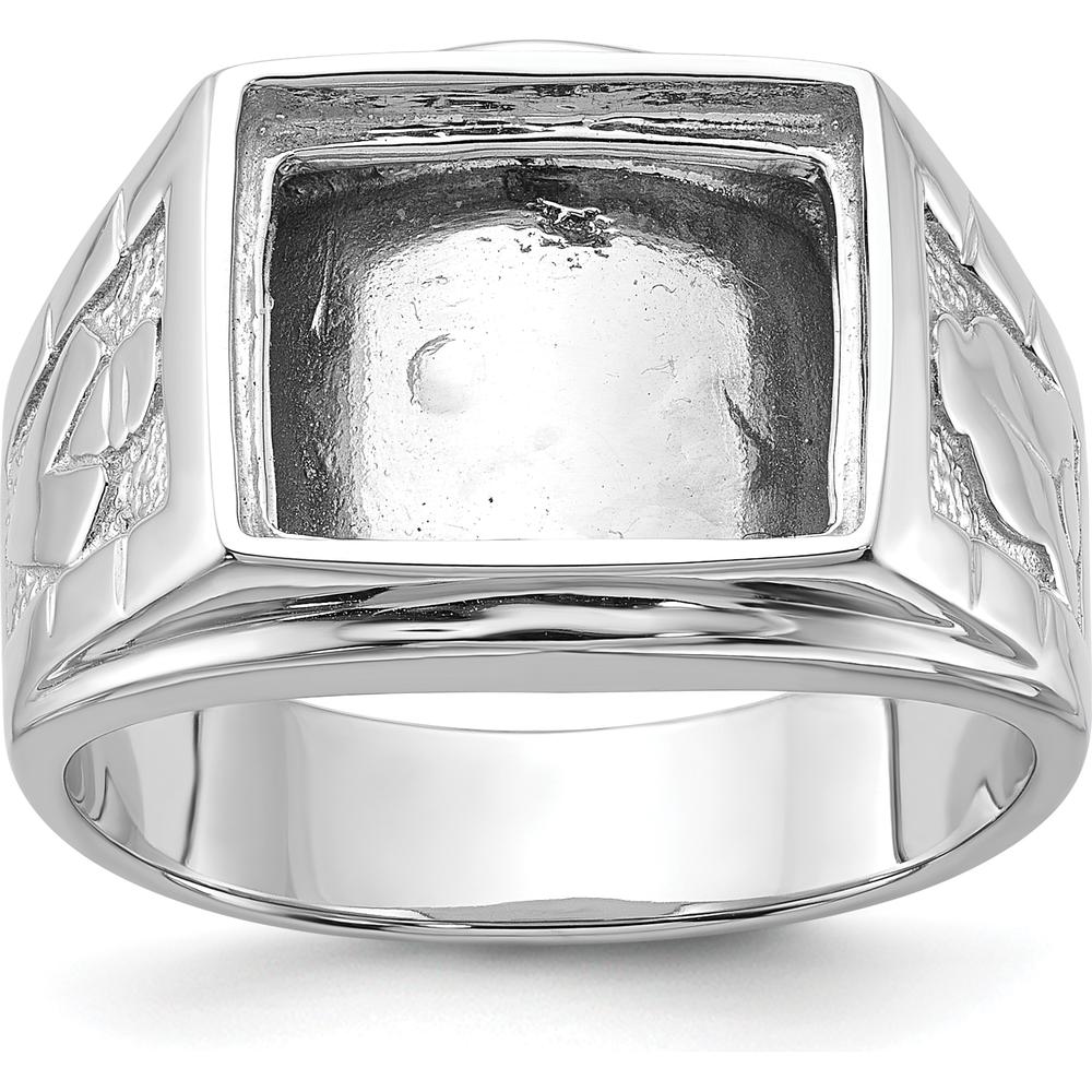 14K White Gold Men's Polished and Textured Masonic Ring Mounting with Cushion-Cut Onyx Setting by IBGoodman