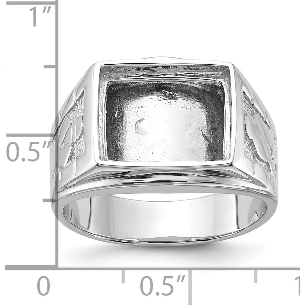 14K White Gold Men's Polished and Textured Masonic Ring Mounting with Cushion-Cut Onyx Setting by IBGoodman