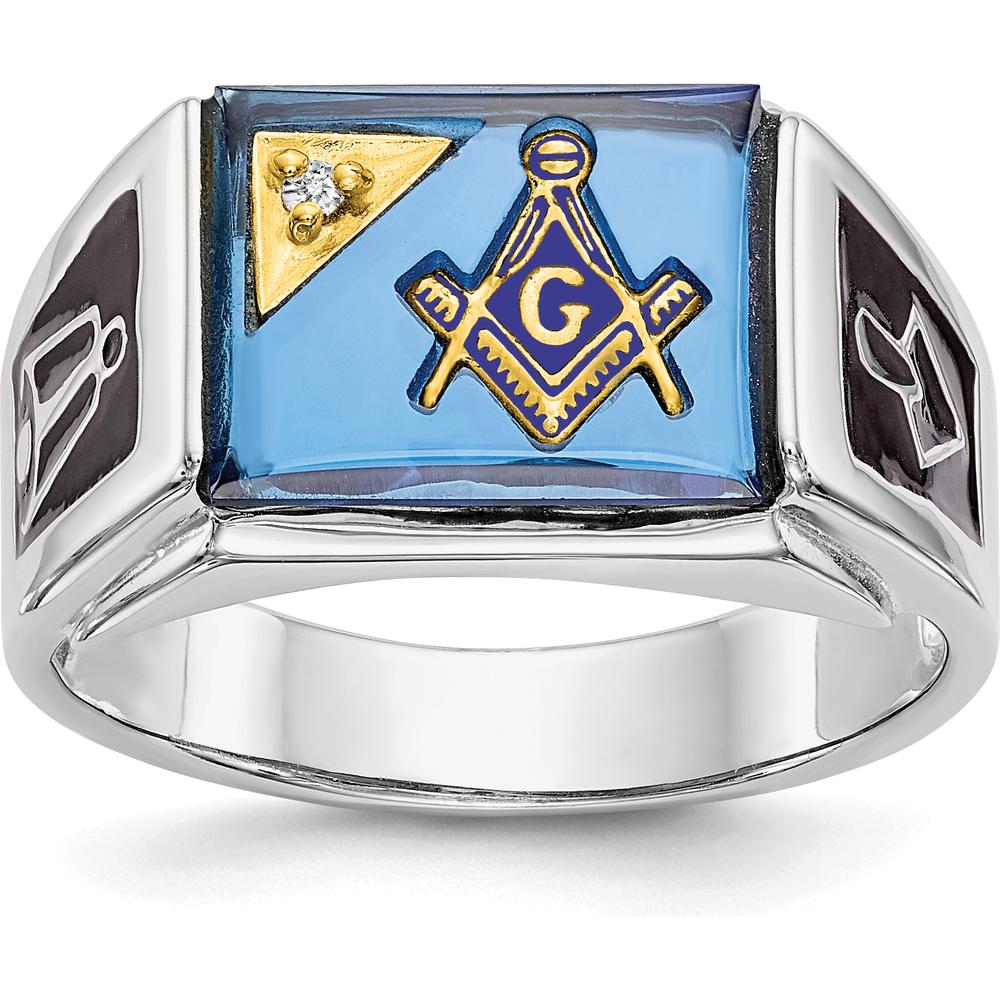 14K White Gold Men's Polished and Textured Masonic Ring with Diamond and Imitation Blue Spinel - 0.01 Carat Total Diamond Weight by IBGoodman