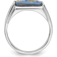 14K White Gold Men's Polished and Textured Masonic Ring with Diamond and Imitation Blue Spinel - 0.01 Carat Total Diamond Weight by IBGoodman