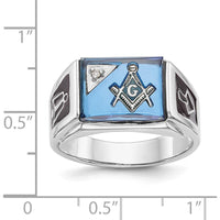 14K White Gold Men's Polished and Textured Masonic Ring with Diamond and Imitation Blue Spinel - 0.01 Carat Total Diamond Weight by IBGoodman
