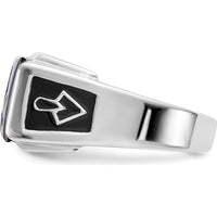14K White Gold Men's Polished and Textured Masonic Ring with Diamond and Imitation Blue Spinel - 0.01 Carat Total Diamond Weight by IBGoodman