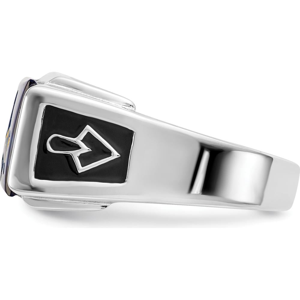 14K White Gold Men's Polished and Textured Masonic Ring with Diamond and Imitation Blue Spinel - 0.01 Carat Total Diamond Weight by IBGoodman