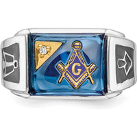 14K White Gold Men's Polished and Textured Masonic Ring with Diamond and Imitation Blue Spinel - 0.01 Carat Total Diamond Weight by IBGoodman