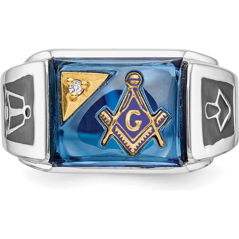 14K White Gold Men's Polished and Textured Masonic Ring with Diamond and Imitation Blue Spinel - 0.01 Carat Total Diamond Weight by IBGoodman