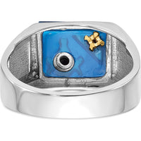 14K White Gold Men's Polished and Textured Masonic Ring with Diamond and Imitation Blue Spinel - 0.01 Carat Total Diamond Weight by IBGoodman