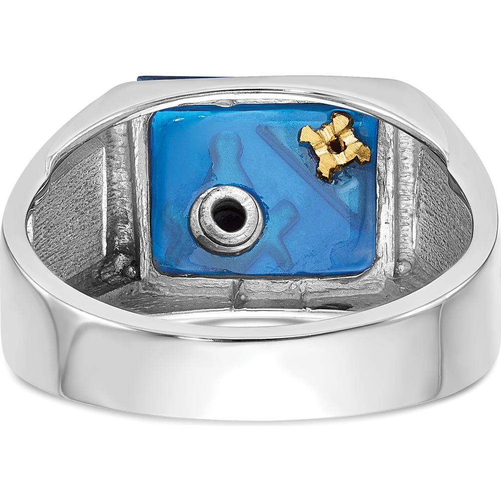 14K White Gold Men's Polished and Textured Masonic Ring with Diamond and Imitation Blue Spinel - 0.01 Carat Total Diamond Weight by IBGoodman