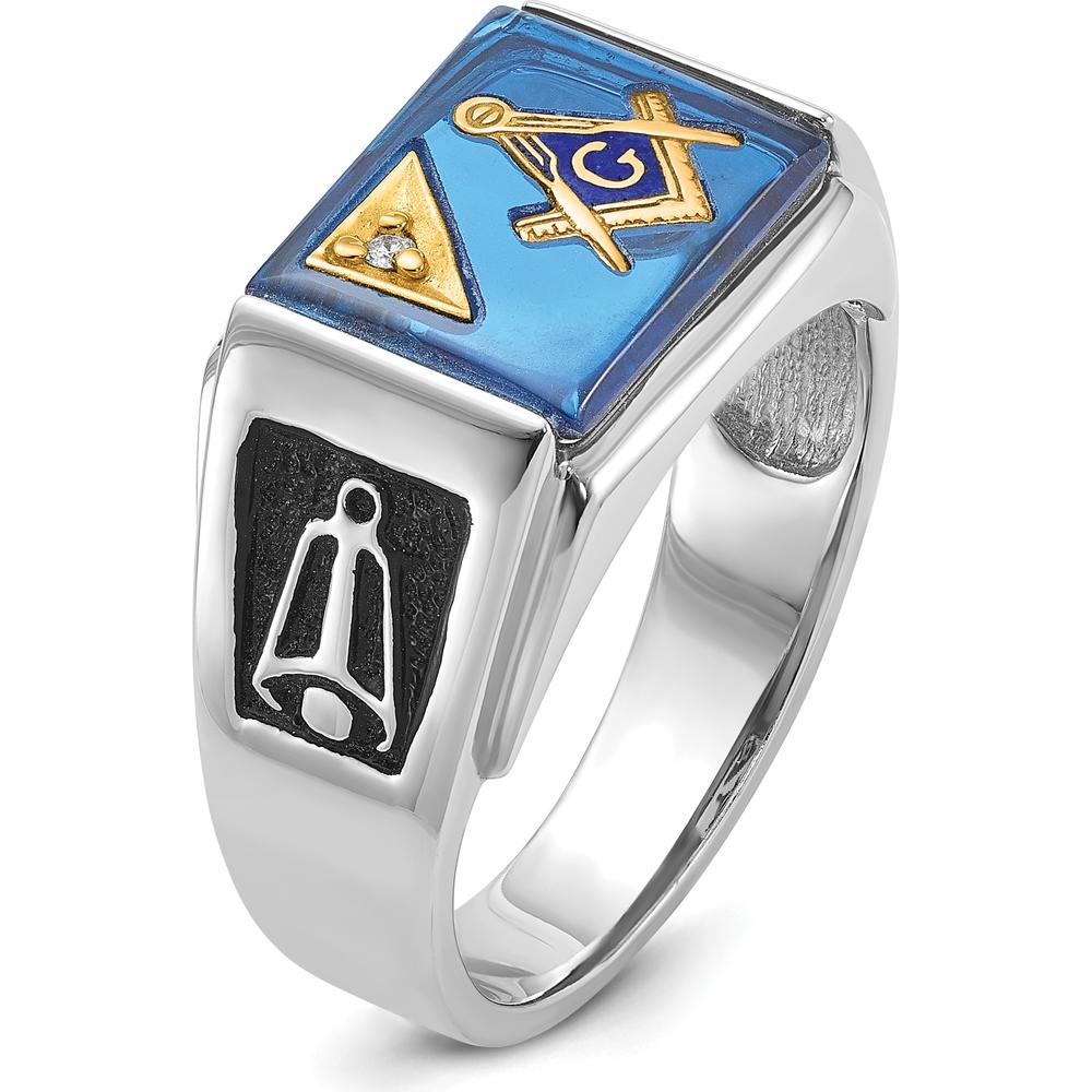 14K White Gold Men's Polished and Textured Masonic Ring with Diamond and Imitation Blue Spinel - 0.01 Carat Total Diamond Weight by IBGoodman