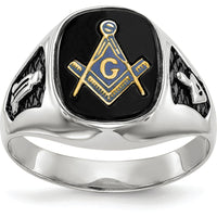 14K White Gold Men's Polished and Textured Masonic Ring with Natural Cushion Cut Black Onyx Stone by IBGoodman