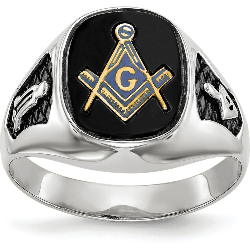 14K White Gold Men's Polished and Textured Masonic Ring with Natural Cushion Cut Black Onyx Stone by IBGoodman