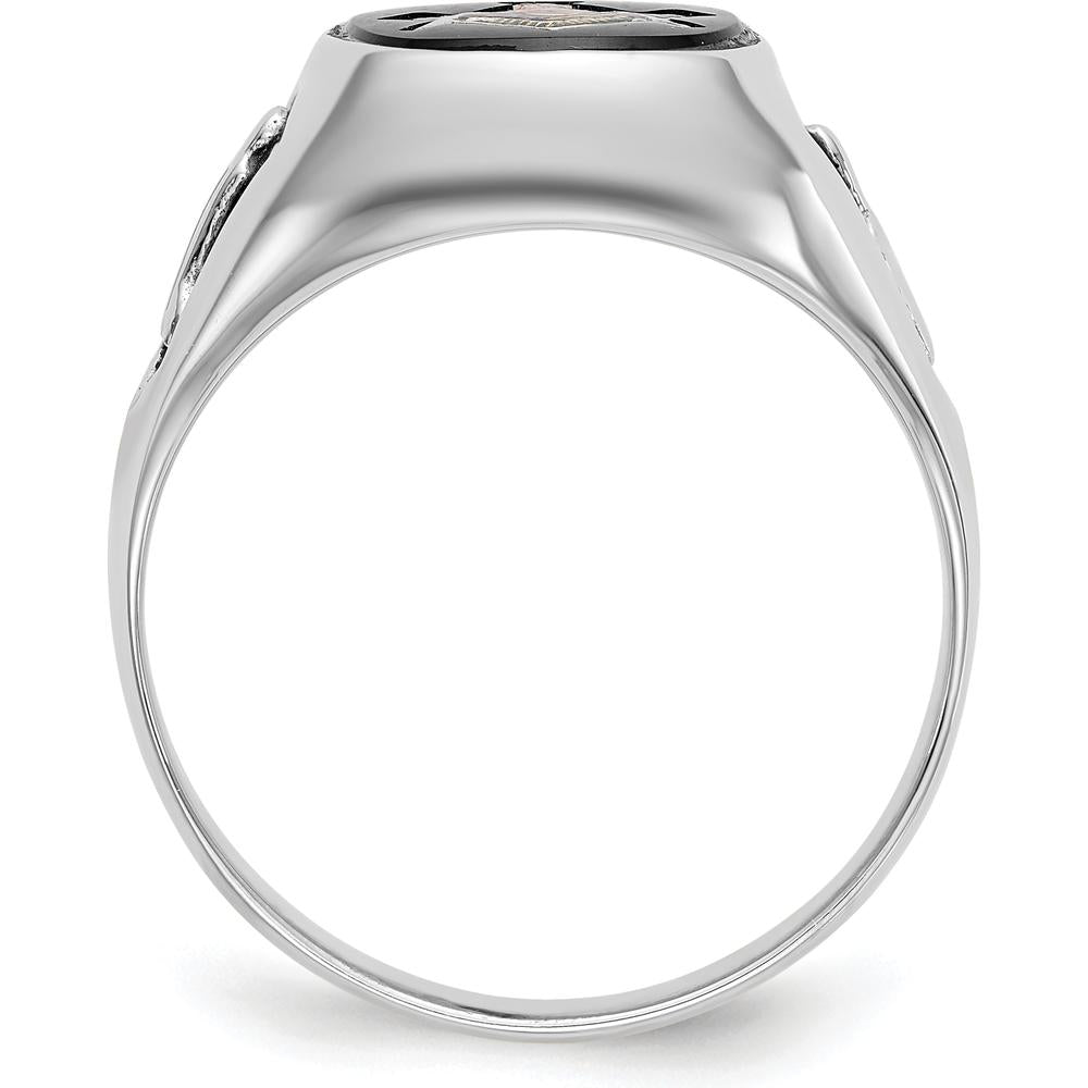 14K White Gold Men's Polished and Textured Masonic Ring with Natural Cushion Cut Black Onyx Stone by IBGoodman