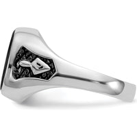 14K White Gold Men's Polished and Textured Masonic Ring with Natural Cushion Cut Black Onyx Stone by IBGoodman
