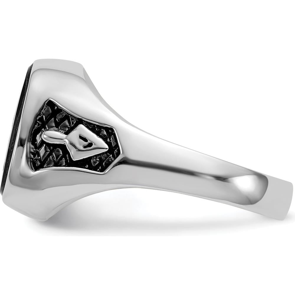 14K White Gold Men's Polished and Textured Masonic Ring with Natural Cushion Cut Black Onyx Stone by IBGoodman