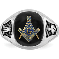 14K White Gold Men's Polished and Textured Masonic Ring with Natural Cushion Cut Black Onyx Stone by IBGoodman