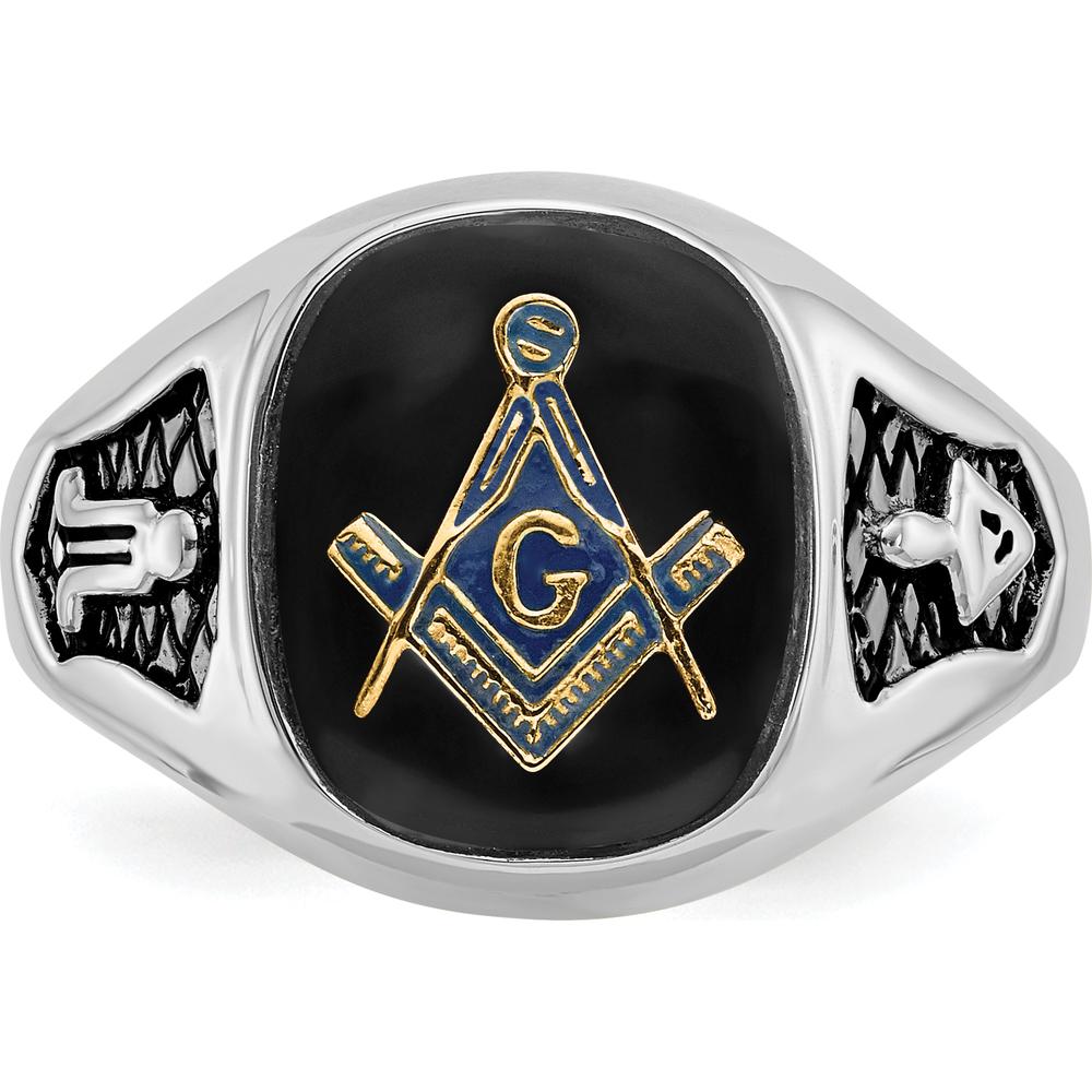 14K White Gold Men's Polished and Textured Masonic Ring with Natural Cushion Cut Black Onyx Stone by IBGoodman