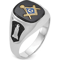 14K White Gold Men's Polished and Textured Masonic Ring with Natural Cushion Cut Black Onyx Stone by IBGoodman