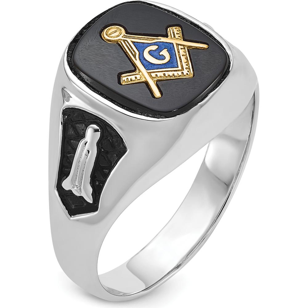 14K White Gold Men's Polished and Textured Masonic Ring with Natural Cushion Cut Black Onyx Stone by IBGoodman
