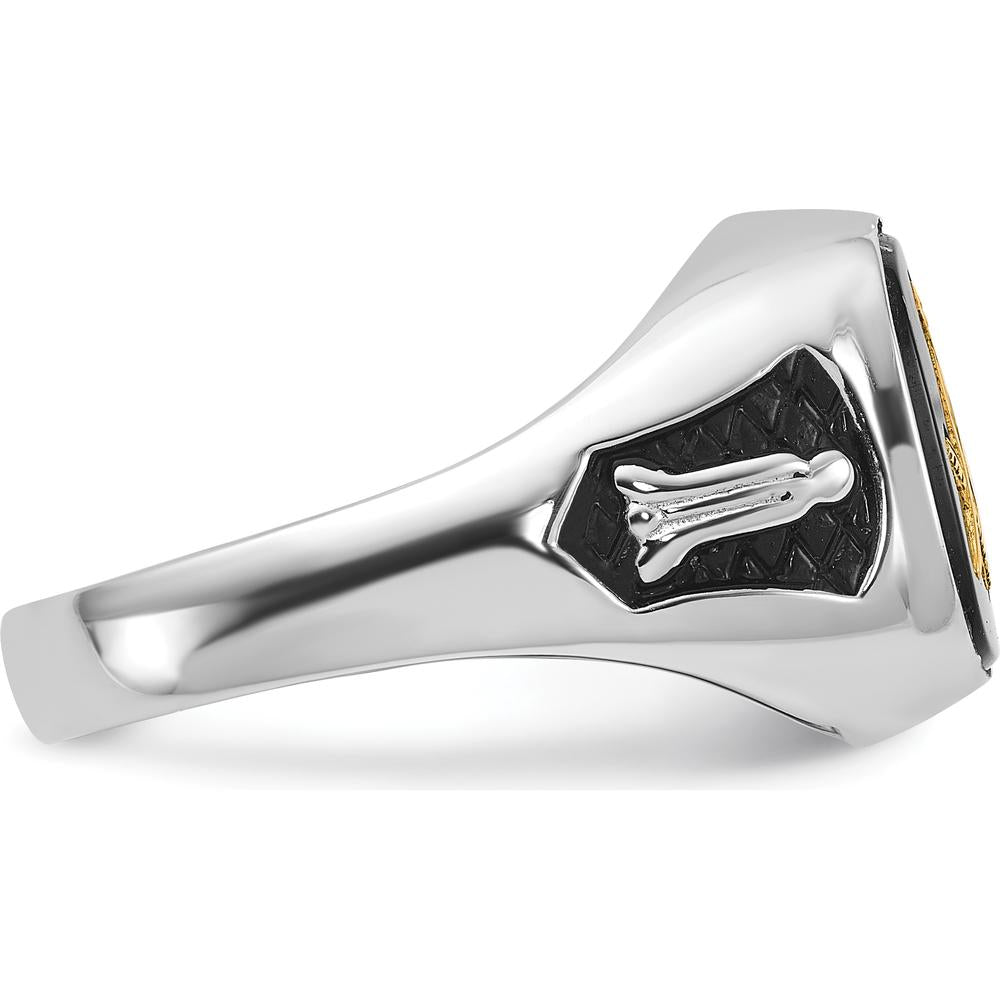 14K White Gold Men's Polished and Textured Masonic Ring with Natural Cushion Cut Black Onyx Stone by IBGoodman