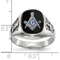 14K White Gold Men's Polished and Textured Masonic Ring with Natural Cushion Cut Black Onyx Stone by IBGoodman