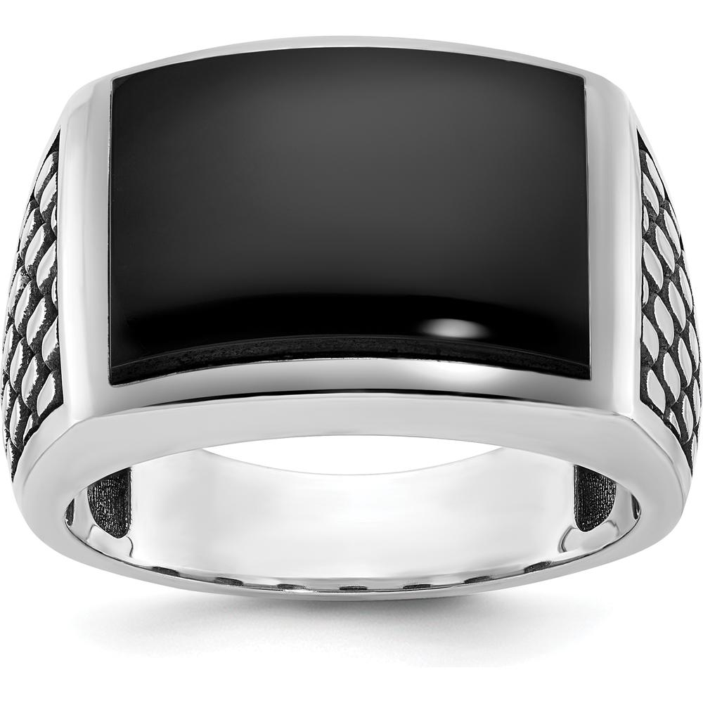 14K White Gold Men's Polished and Textured Onyx Ring with Black Rhodium Plating by IBGoodman