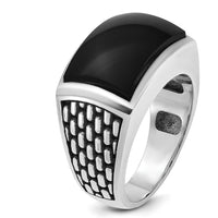 14K White Gold Men's Polished and Textured Onyx Ring with Black Rhodium Plating by IBGoodman