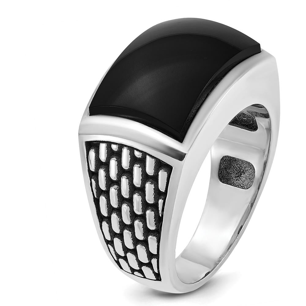 14K White Gold Men's Polished and Textured Onyx Ring with Black Rhodium Plating by IBGoodman