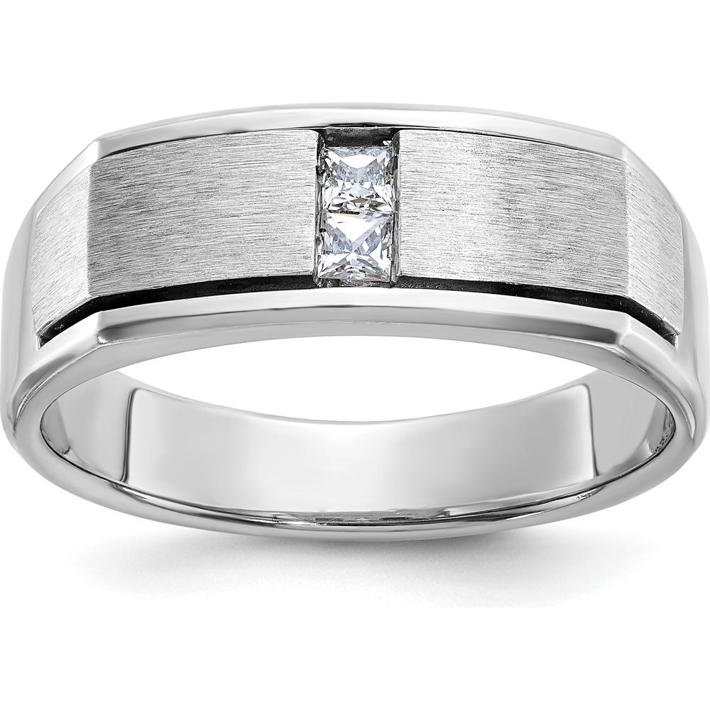 14K White Gold Men's Polished Antiqued and Satin Diamond Ring with Square Cut Diamonds - 0.05 Carats Total Diamond Weight by IBGoodman