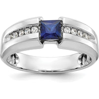 14K White Gold Men's Polished Lab Created Sapphire and Diamond Ring - 0.2 Carats Total Diamond Weight by IBGoodman